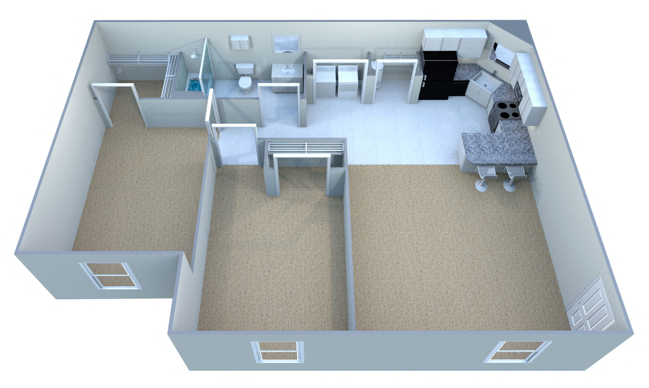 Floor plan for 2 beds, 1 bath, 889 sqft